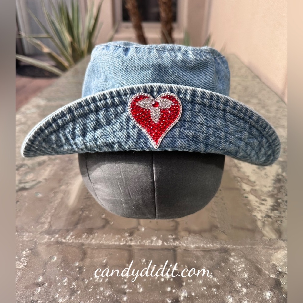 Stylish Handmade Love LV Crystal Logo Denim Bucket Hat Small / Medium